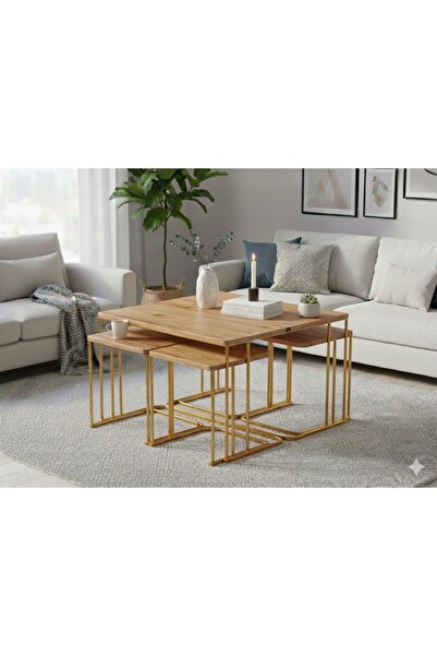 usta mekan Seul 5 li Tekerli Gold Ceviz 4+1 Kare Orta Sehpa