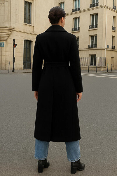 comstar Women's Double-Breasted Casual Trend Black Cashmere Coat