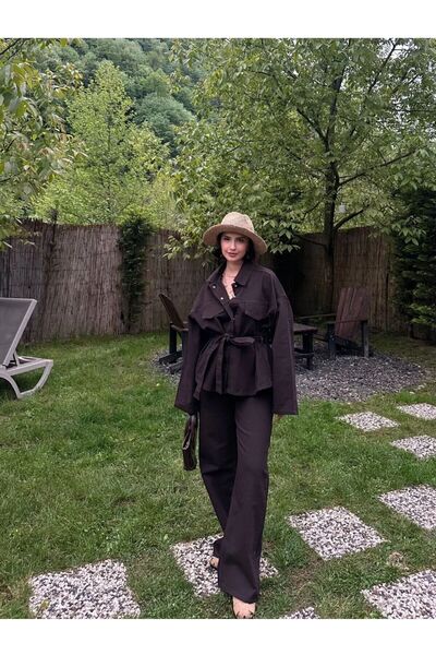 BelezaStore طقم جاكيت وبنطلون من الدنيم باللون البني مع ربطة عنق