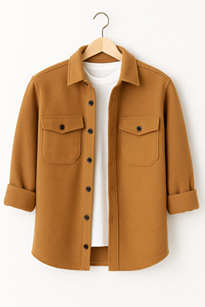 mavisima erkek giyimi Men's Camel Cashmere Lumberjack Style Shirt Jacket – Comfortable Fit New Season Winter Fashion Trend