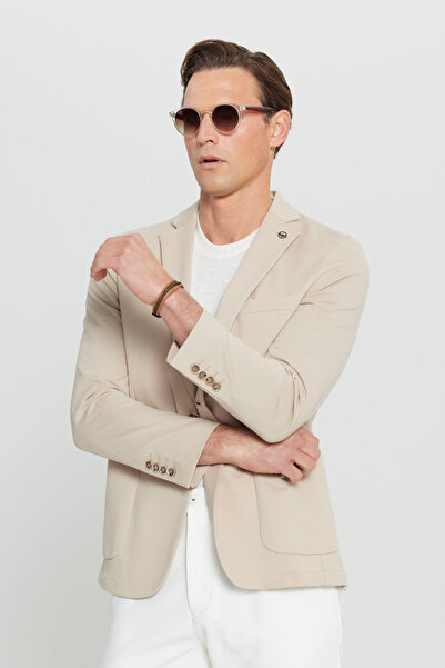 ALTINYILDIZ CLASSICS Men's Beige Cotton Slim Fit Slim Fit Dobby Stretch Blazer Jacket with Pocket