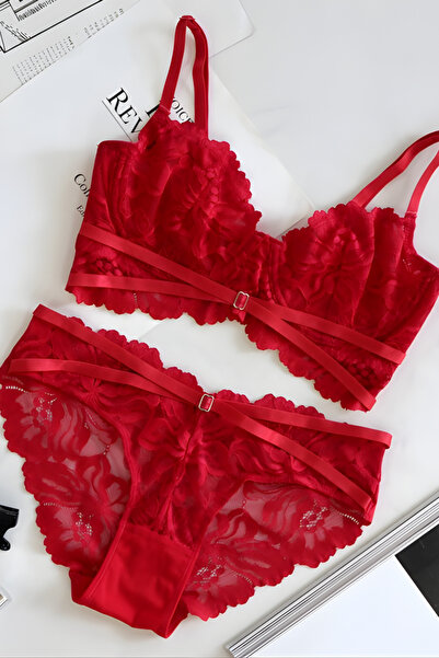 Trendyup Fine Lace Underwear Set, Noir Lingerie, 2 pieces, Red