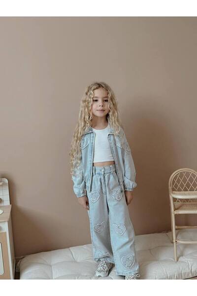 Jolly Kids Set de iarnă pentru fetiță, cu inimă albastră, cu jachetă din denim și pantaloni