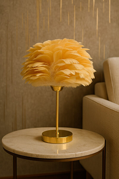 EvLight Modern Gold Tekli Sarı Tüylü Abajur