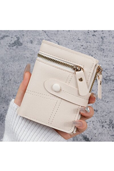 Generic Women's Small Wallet Mini Purse Bifold Slim Card Case Holder Zipper Coin Pocket-off white