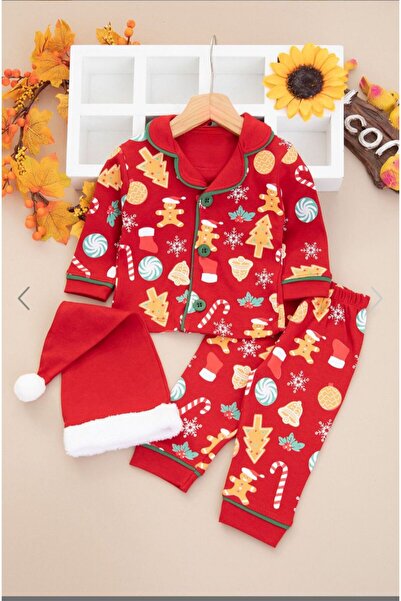 nazarbebe Unisex Red Christmas Themed 3-Piece Baby Pajama Set (6-24 Months)