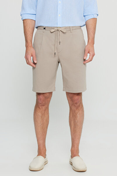 ALTINYILDIZ CLASSICS Ανδρικό σορτς μπεζ βαμβακερό εφαρμοστό με λεπτή εφαρμογή, δεμένη μέση, ελαστικό σορτς με πλαϊνές τσέπες