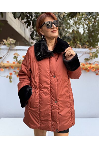 DenizEge Brooched Fur Collar Coat Cinnamon