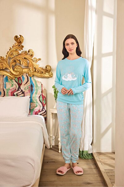 Aydoğan Women's Pajama Set Blue Winter Thermal Crew Neck Long Sleeve 240663 Aydogan ®