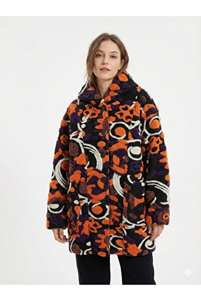 della moor Γυναικείο μαύρο ιταλικό παλτό με ανάγλυφο σχέδιο O oversized μακρύ...