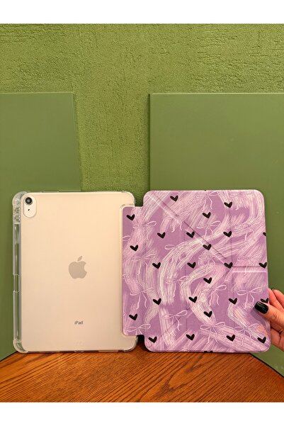 Fibaks iPad 11 A16 2025 10Th Generation 10.9 Case Lilac Colored White Bow Black Heart Patterned Pen Compartment Transparent