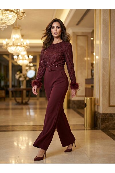1Moda1Tarz Women's Imported Fabric Sequined Belted Sleeves Otrish Detail Lined Special Design Jumpsuit