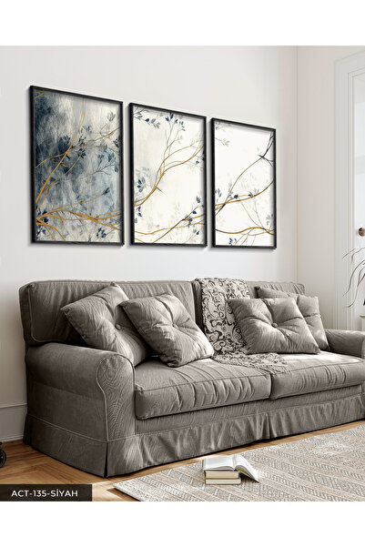 Evinemoda Mavi Çiçekli Ağaç 3 Parça Siyah Ahşap Çerçeveli Tablo ACT