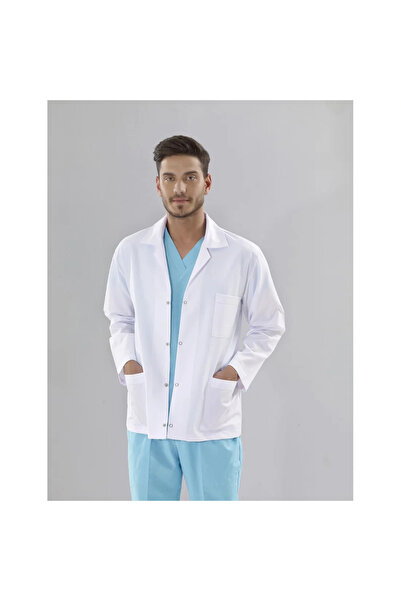 nutrix ثوب طبي أبيض، مقاس رجالي، قصة ضيقة، أكمام طويلة، ياقة كلاسيكية، رداء طبيب