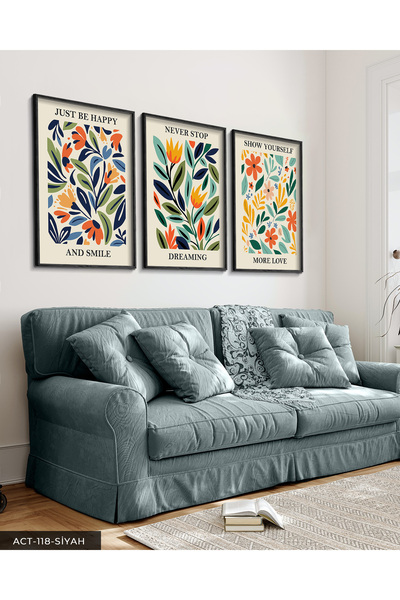 Evinemoda Botanik Poster 3 Parça Siyah Ahşap Çerçeveli Tablo ACT
