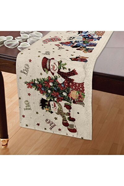 OEM Napron de Craciun Bej Om de Zapada Brad Cadouri cu Lurex Argintiu 150x33cm