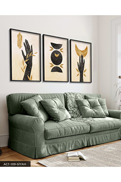 Evinemoda Slikanje u akvarelu u boho stilu, 3 dela, crna slika u drvenom okvi...