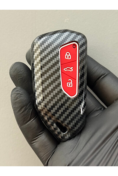 Mavi Keys Husă de protecție pentru cheie cu telecomandă din fibră de carbon cu 3 butoane compatibilă cu Volkswagen Golf 8, cheie roșie