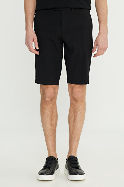 ALTINYILDIZ CLASSICS Ανδρικό μαύρο σορτς ταξιδιού εφαρμοστό με στενή εφαρμογή με σχέδιο γκοφρέ με πλαϊνές τσέπες