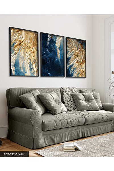 Evinemoda Zlatna detaljna reljefna slika u crnom drvenom okviru, 3 dela