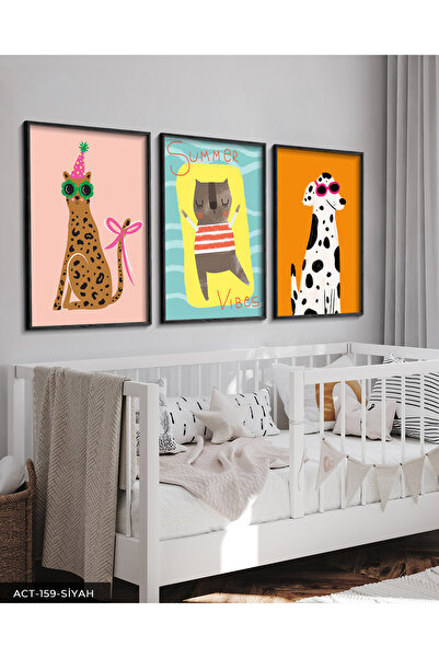 Evinemoda Zabavne životinje 3-dijelna crna slika u drvenom okviru ACT