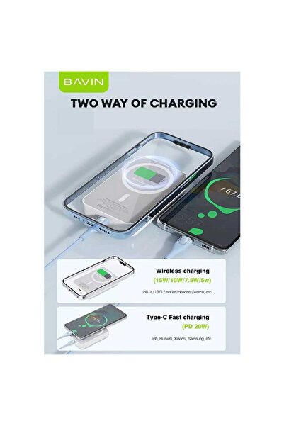 Bavin PC1016 Wireless Magnetic Fast Charging Power Bank with 10000mAh Capacity, Compact and Portable