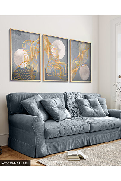 Evinemoda Gri Zeminde Gold Detaylı Dalgalar 3 Parça Ahşap Çerçeveli Tablo ACT