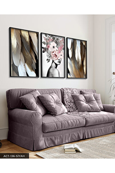 Evinemoda Portret ružičastog cveta, 3 dela, crna slika u drvenom okviru ACT