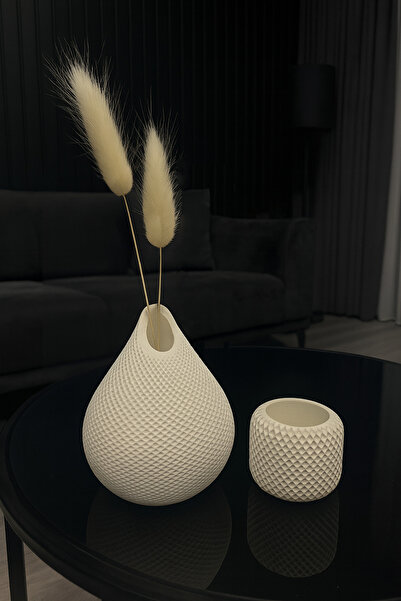 BLANJ Hasır Desen Damla Vazo ve Hasır Beton Mumluk