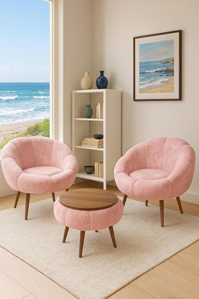 KOKİ DESİGN LİDA Pembe Wellsoft Peluş Kumaş İkili Berjer Seti ÖZEL SEHPALI (S...