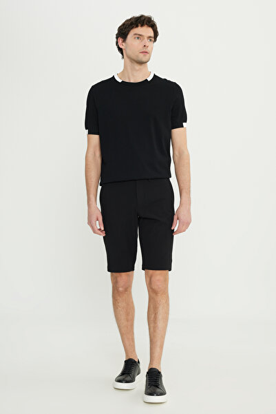 ALTINYILDIZ CLASSICS Ανδρικό μαύρο σορτς ταξιδιού εφαρμοστό με στενή εφαρμογή με σχέδιο γκοφρέ με πλαϊνές τσέπες