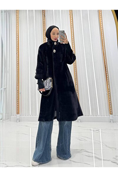 QUMRU Angora Kumaş Kolu Ribanalı Siyah Kadın Kaban