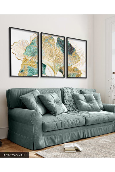 Evinemoda Yeşil ve Gold Detaylı Set 3 Parça Siyah Ahşap Çerçeveli Tablo ACT
