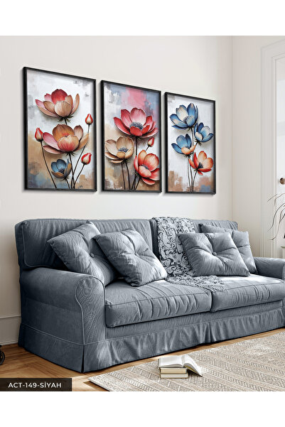 Evinemoda Kırmızı ve mavi Çiçekler 3 Parça Siyah Ahşap Çerçeveli Tablo ACT