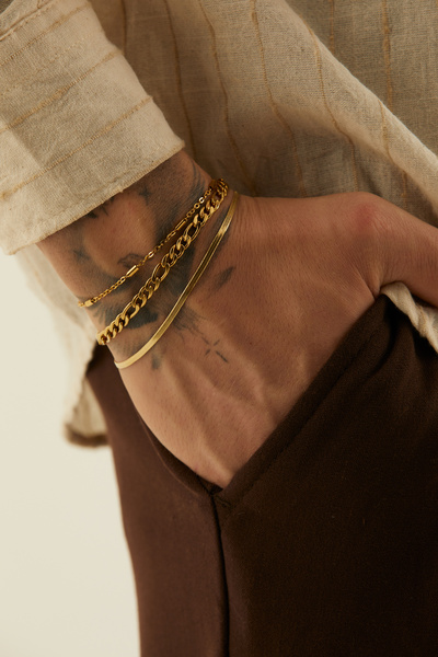 Fjellor Shelob Erkek Gold Renk Paslanmaz Çelik 3’lü Bileklik Seti – İnce Zincir, Figaro ve Yassı Slim Model