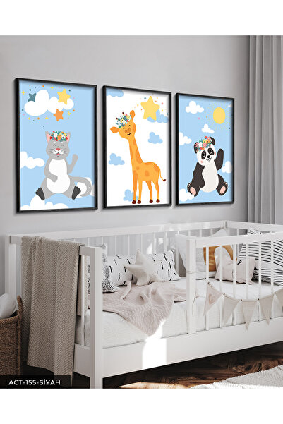 Evinemoda Mala mačka panda i žirafa, 3-dijelna crna slika u drvenom okviru