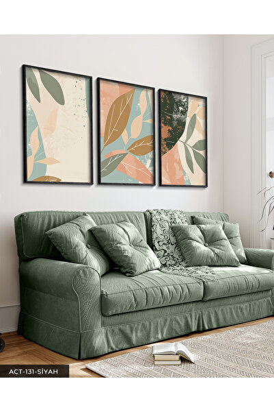 Evinemoda Boho stil, šareni listovi, 3-dijelna crna slika u drvenom okviru