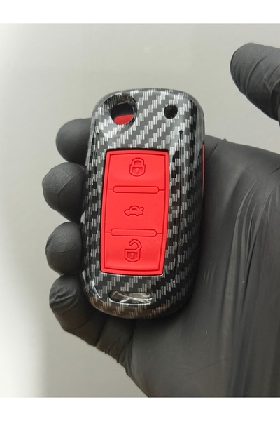 Mavi Keys Husă de protecție pentru chei din fibră de carbon cu 3 butoane pentru Volkswagen Polo-Golf-Jetta-Caddy UDS Sustalı, cheie roșie