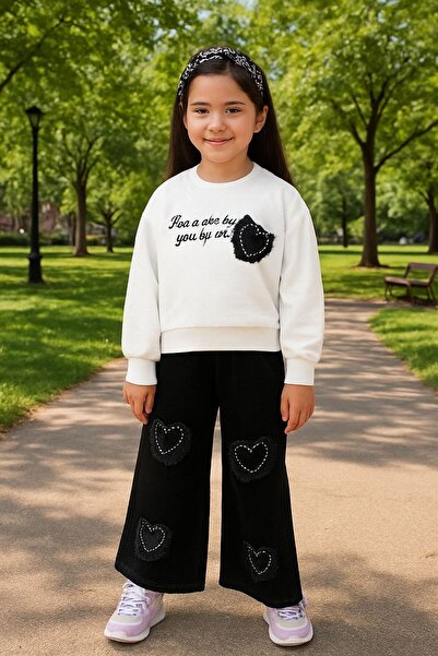 nazarbebe Girl's Heart Detailed Sweatshirt & Wide Leg Jean Pants 2-Piece Set