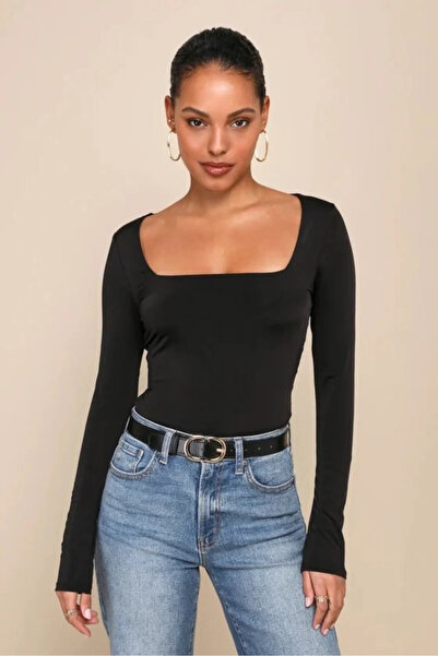 bysoca Дамски черен боди с квадратна яка, дълъг ръкав, двойна копринена матер...