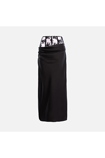 Enchanté Sori BLACK SILK LONG SKIRT WITH LACE