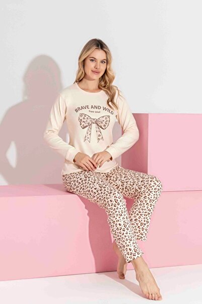 Tarık Mother-Daughter Matching Long Sleeve Ribbon and Leopard Printed Family Matching Pajama Set-3183