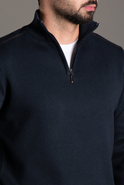 ZEKİ ÖZER Men's Dark Blue Zippered Stand-Up Collar Knitwear