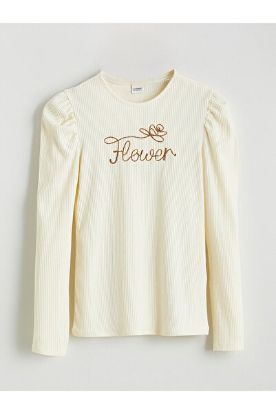 LC Waikiki Tricou pentru fetiță cu broderie Ecru guler rotund