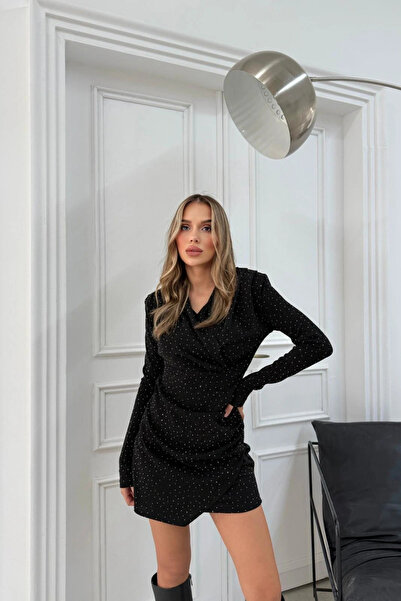 MARTYZ Omuzları Vatkalı V Yaka Simli Mini Elbise