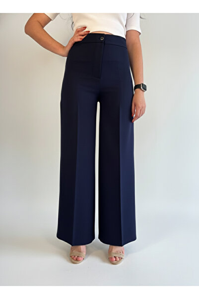 Hamiyet Doğan Navy Blue High Waist Wide Leg Palazzo Pants