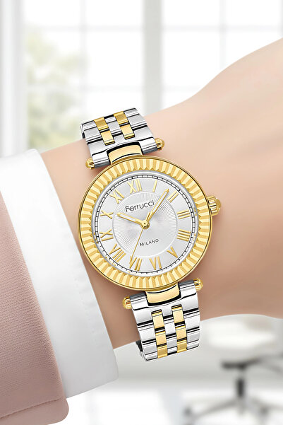 Ferrucci Steel Cord Steel Case Women Wrist Watch, Bracelet Gift Silver-Gold Color Zmfer203