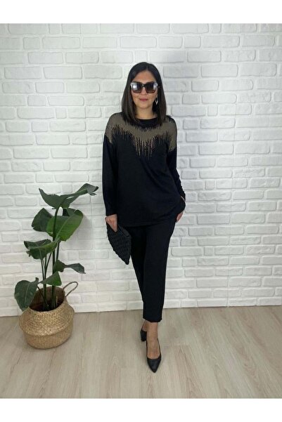 charamela Büyük Beden Taş Detaylı Lıkralı Viskon Penye Bluz -bgb148