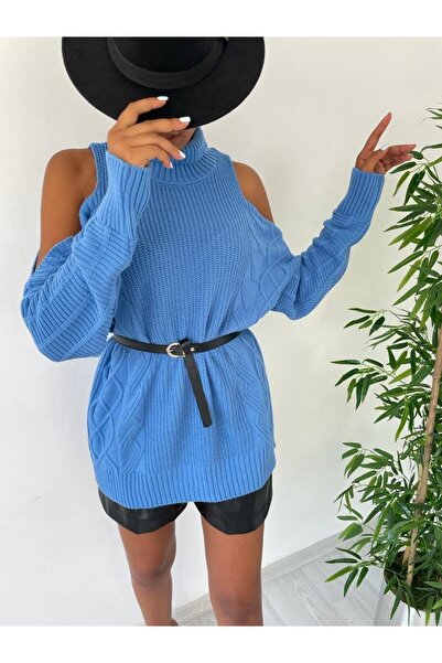 GİYSİ DÜNYASI 57 Knit Fabric Fisherman Collar Shoulder Detail Long Sweater