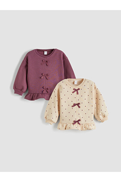 LC Waikiki طقم سويت شيرت بناتي بتصميم فيونكة البرقوق مكون من قطعتين